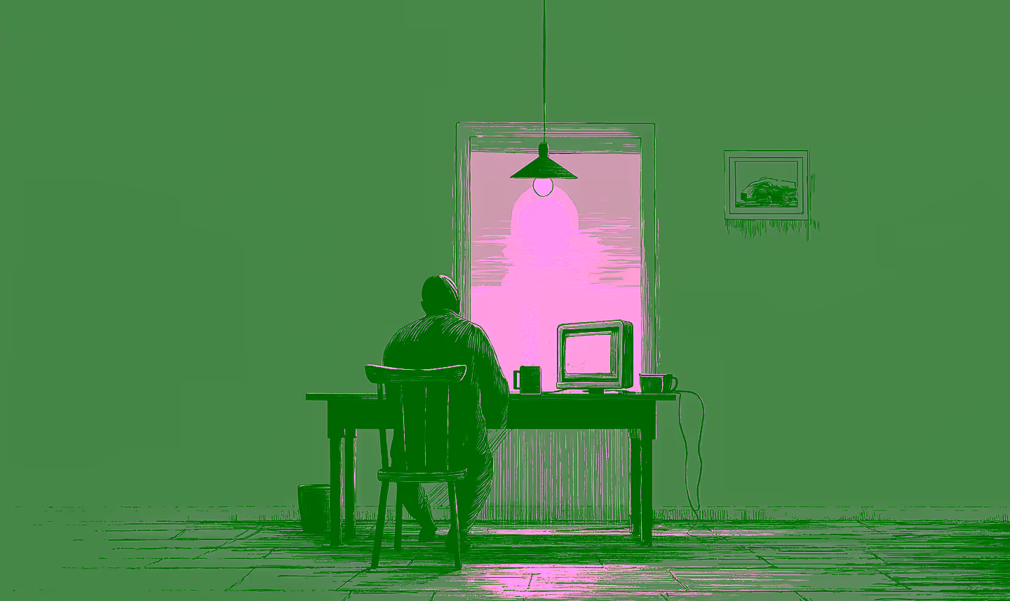 A lone developer working at a desk before sunrise, lit by a dim lamp and the glow of an old monitor, capturing the quiet focus of early-morning code maintenance.